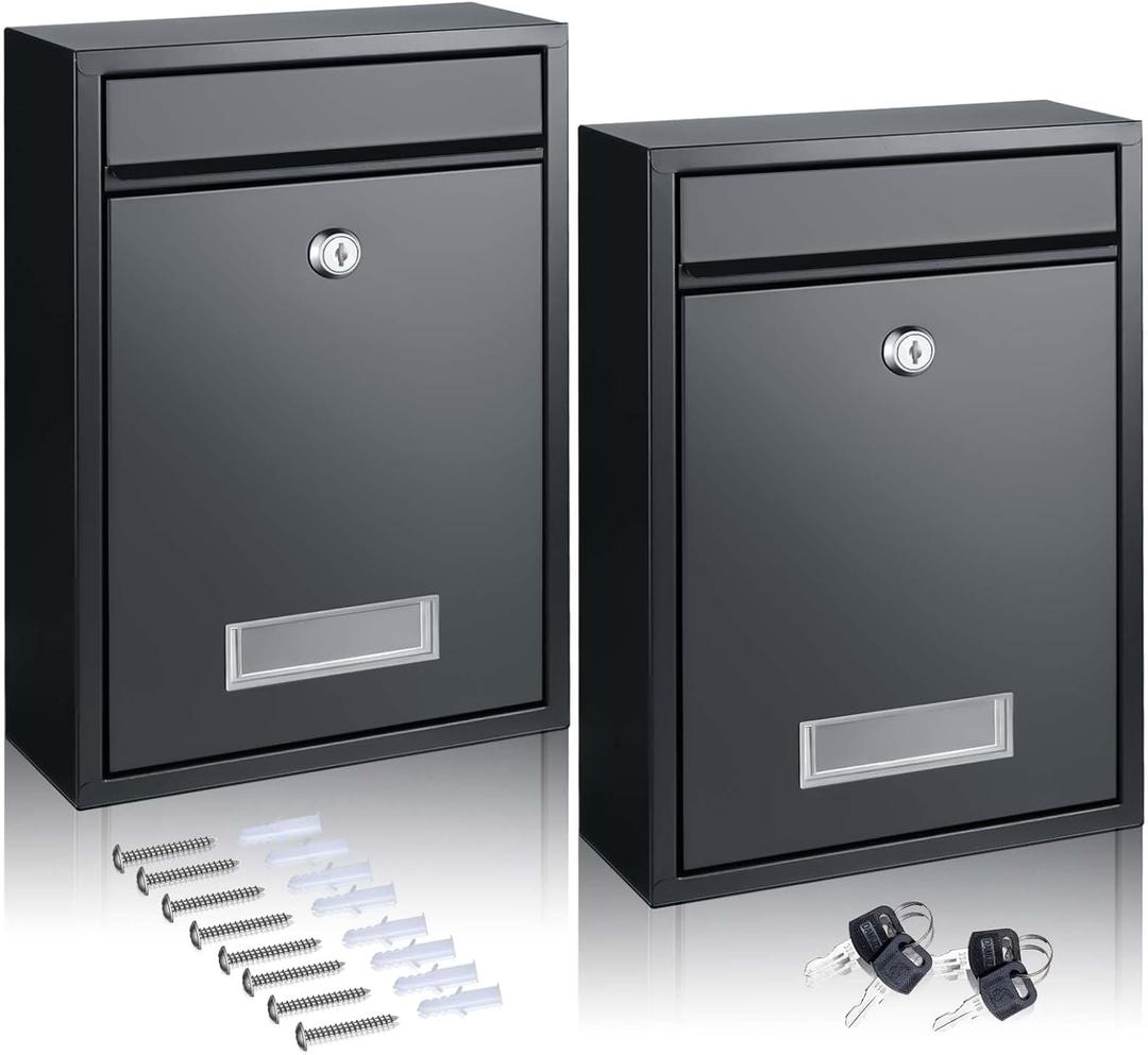 Gisafai 2 Pcs Mailboxes for Outside Wall Mount Large Donation Suggestion Box for Mailbox Postbox Letters Newspapers Rust Proof with Slot Steel, 12.68 x 8.54 x 3.31 Inch, Black(Key Lock)
