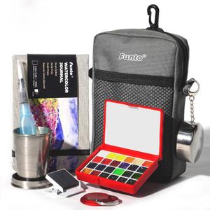Funto Mini Watercolor Paint Set, All-In-One 24-Color Travel Paint Kit, with Crossbody Bag, Watercolor Journal, Paint Water Cup, Pocket Set for Artists