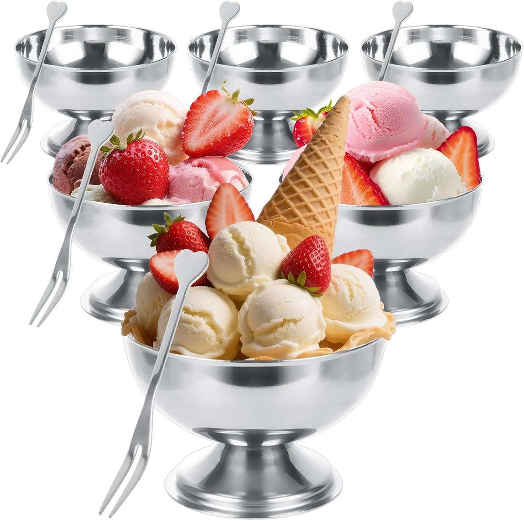 MIVIDE 6 Pack Ice Cream Cups, Stainless Steel Ice Cream Bowl, Dessert Cups with Forks Serving Dessert Bowls Silver Coupe Glasses for Pudding Dessert Frozen Yogurt Fruit