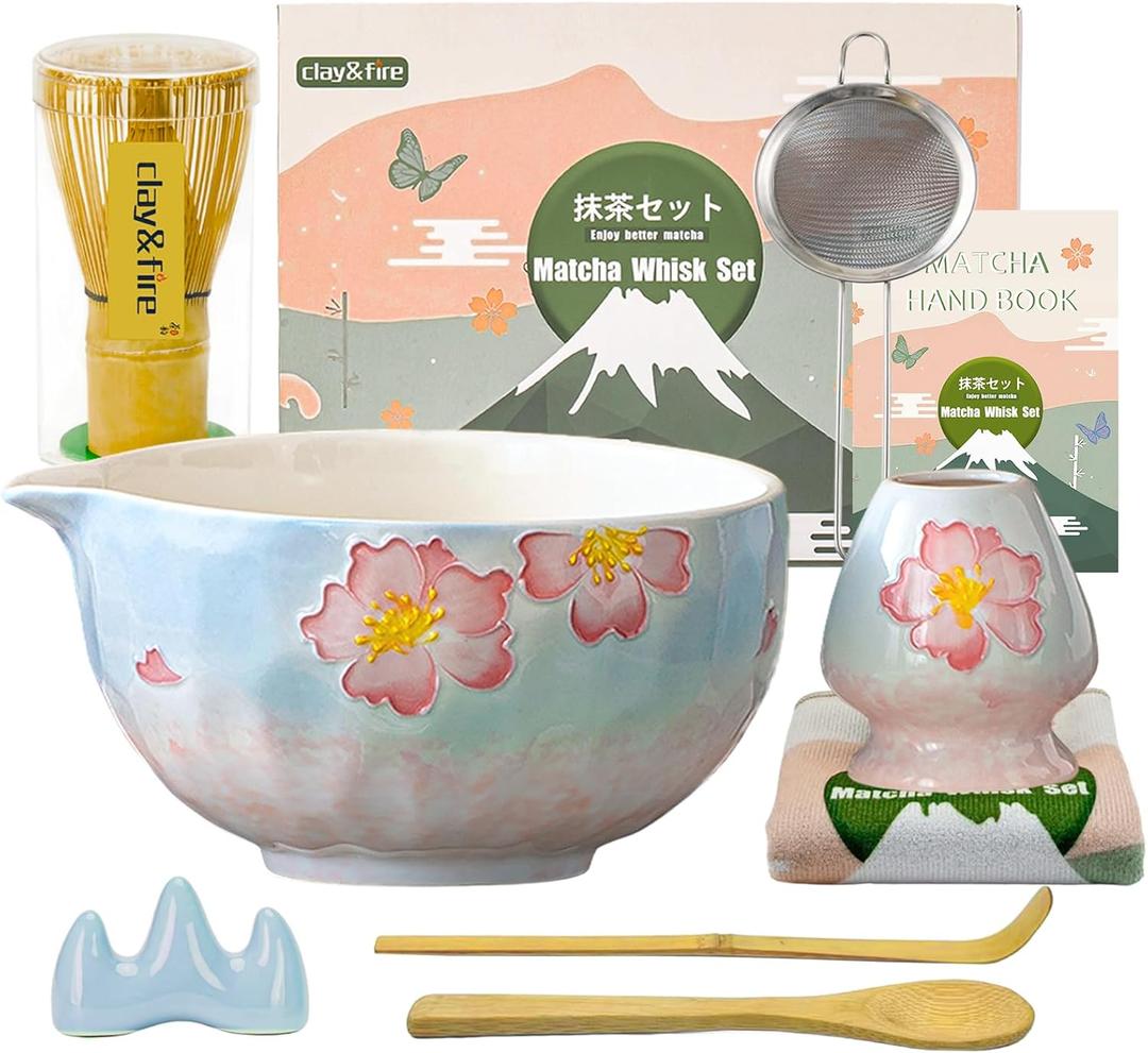 Clay&Fire Matcha Whisk Set9 Pcs Ceramic Matcha Set, 15 OZ Matcha Bowl with Spout and WhiskMatcha Kit for Friend, Ideal Gift for Matcha LoverCherry Bloom