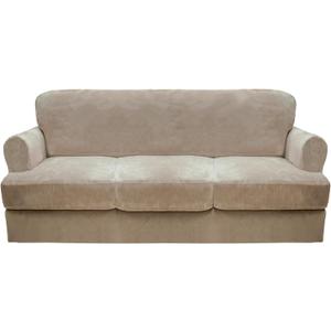 CUCRAF Cushion Sofa Cover 4 Piece Slipcovers, Soft Thick Velvet Couch Cover for Living Room, Washable High Stretch Furniture Protector with 3 Cushion Sofas Slipcover, (XL, Khaki)