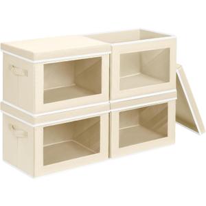 Storage Boxes with Lids - 4 Pack Fabric Clear Window Storage Bins, Large Decorative Storage Bins with Handles, Linen Closet Organizer for Clothes, Towel, Blanket, Beige