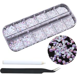 1500pcs White Flatback Rhinestones 3 Sizes Glass AB Crystal Diamonds for Nail Art Eye Jewels Crafts Clothes Shoes Make up Round with Tweezers and Picking Pen for Women Girls Manicure