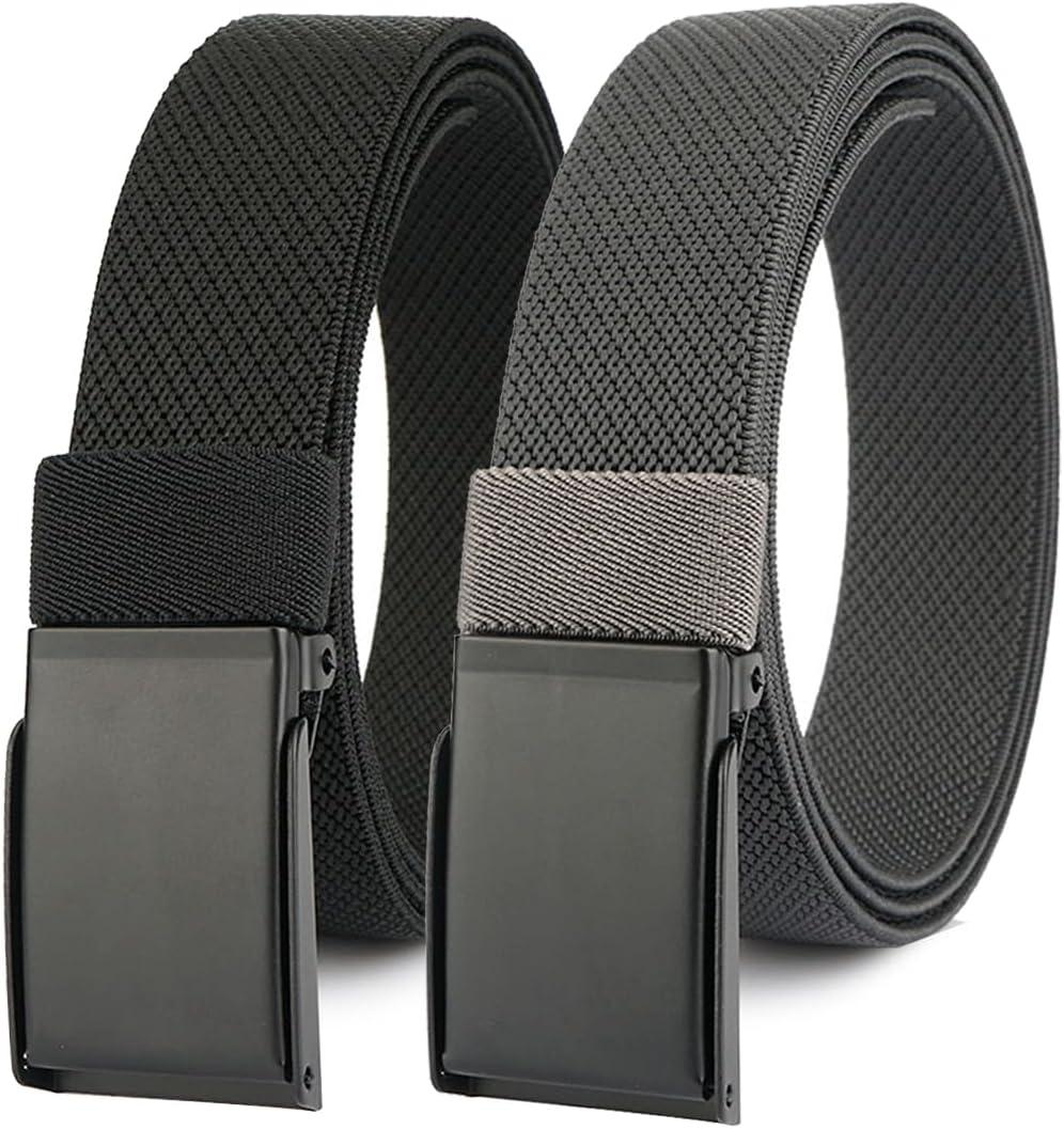 1.3 Mens Stretch Belt, 2-Pack Flip-top Metal Buckle Golf Belt, Elastic Nylon Web Belt (Black + Grey)