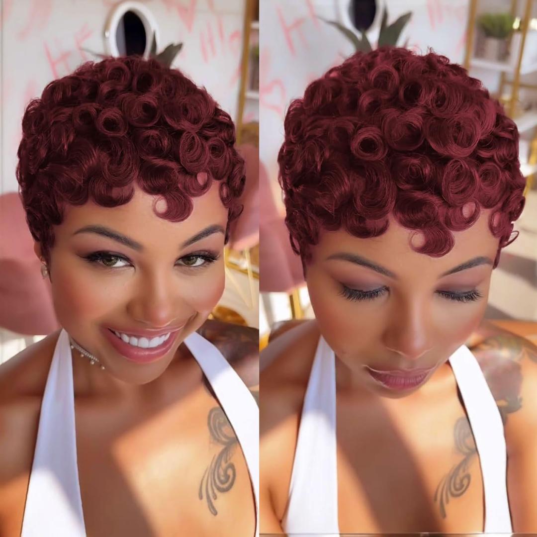 beauty proya Red Pixie Cut Human Hair Wigs for Black Women, Glueless Pixie Curly Wigs with Bangs, Burgundy Full Machine Made 4" Short Curly Human Hair Wig Wear and Go (99J)