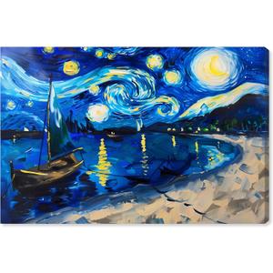 Whimsical Night Sail Gallery Wrapped Impressionism 1 Piece Canvas Wall Art/Monet And Van Gogh Inspired Art, 24" x 16", Gallery Wrapped (16L" x 24W")