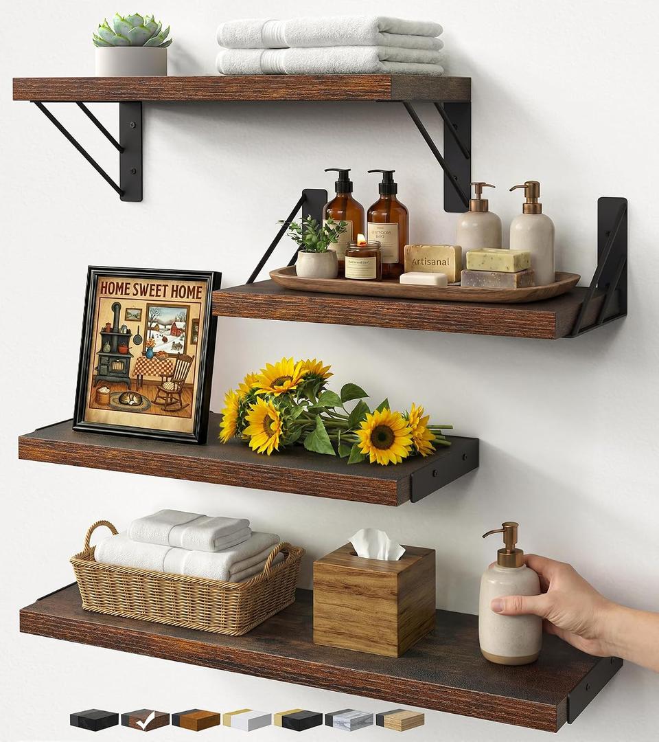 BAYKA Wall Shelves for Bathroom Decor, Floating Wall Shelves for Living Room Kitchen Storage, Mounted Rustic Wood Floating Shelves for Kids Books, Corner Shelf for Bedroom(Rustic Brown Set of 4)