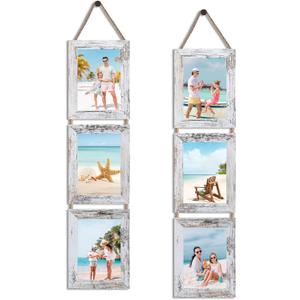 QUTREY 5x7 Collage Picture Frames, 3 Openings Hanging Photo Frame Set Display Vertical 5 by 7 inch Pictures for Wall Decor, Distressed White