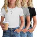 3 Pack Girls Short Sleeve Slim Fit Tops | Cotton, Tight, Ribbed Knit, Crewneck, Round Neck, Cute, Casual, Basic Tees, Solid, Plain, Summer, Versatile, Comfortable