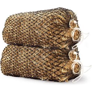Bloomoak Slow Hay Net Feeder for Horses, Durable Soft Black PE 2/3 String Hay Bales Bags, Fit 36x18x18 to 47x25x17 Inches, Extends 50-64 Inches (2 1.6" Hole/2PC)