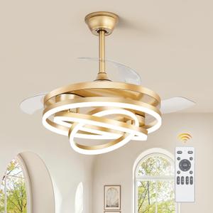 LEDIARY 42 Inch Retractable Ceiling Fan with Lights, Fandelier Ceiling Fan with 6 Speeds,3000K-6000K Adjustable,and DC Motor,Chandelier Ceiling Fans with Lights and Remote for Bedroom Living Room,Gold