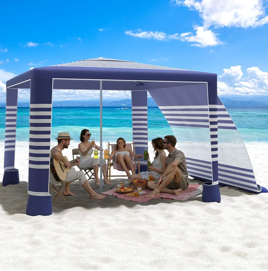 MoKo Large Beach Cabana with Side Wall, UPF 50+ Protection Easy Setup Beach Tent, Sun Shelter, Adjustable Height Wind Resistant Cabana for Whole Family, Navy Stripes, 8'×8'