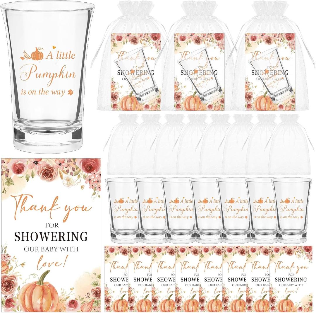 60 Sets Little Pumpkin Baby Shower Acrylic Shot Glasses Autumn Harvest 1.2 Oz Clear Shot Glasses Thanksgiving Fall Cup Bulk with Thank You Card Organza Bag for Guests Gender Reveal Return
