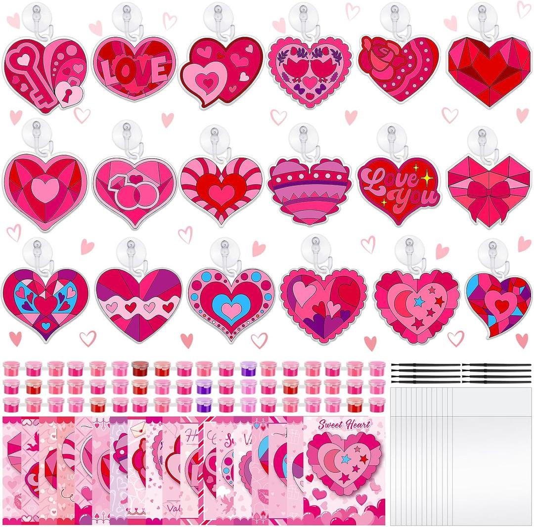 Thyle 36 Pcs Valentine's Day Gifts for Kids, Heart Suncatcher Craft Kits - Valentine Cards School with Art Supplies, Heart DIY Painting Kits, Perfect for Valentine's Party Favors & Gifts Exchanges
