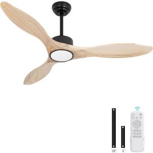 52Inch Natural Wood Ceiling Fan with Lightand Remote,Modern Ceiling Fans for Living Room Bedroom Farmhouse Patio,Indoor Outdoor,Timing 6Speeds Silent Noiseless Reversible DC Motor