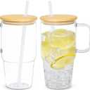 20oz Plastic Tumbler with Handle, 2Pack Clear Tumblers with Lid and Straw, Iced Coffee Cup with Bamboo lids for Cold Drinks, Coffee, Soda, Tea, Milk, Juice
