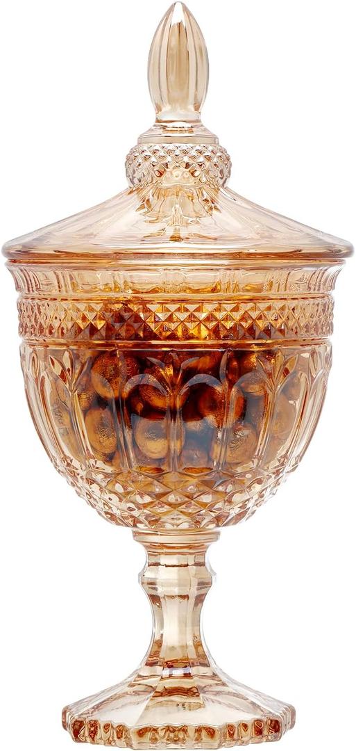 30 oz Glass Apothecary Candy Jar with Lid - Clear Elegant Retro Tall Decorative Buffet Jar for Wedding, Organizer Storage Canister, Candy Buffet, Small Home Decor (Amber)