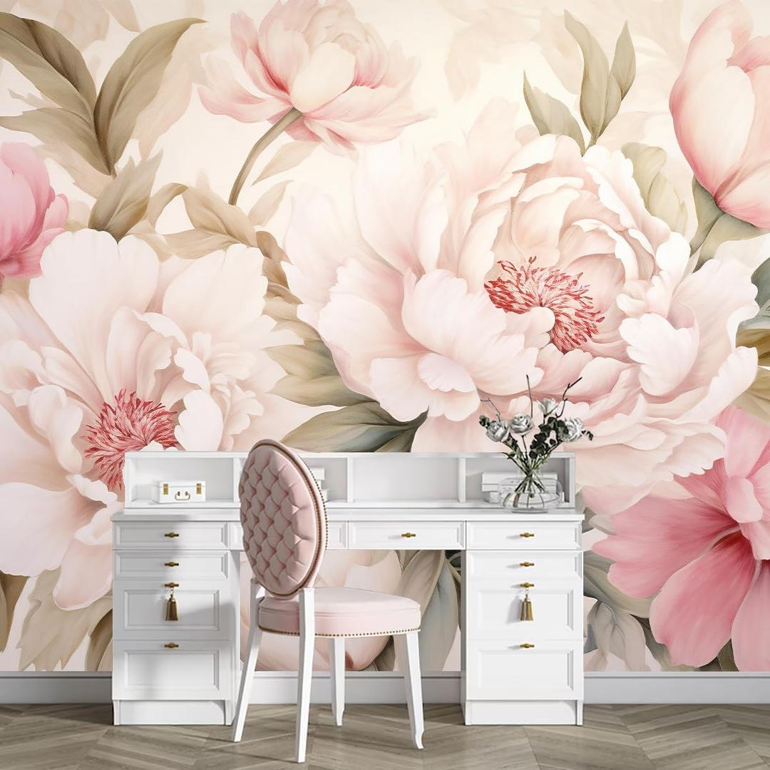 Pink Floral Wallpaper Mural Peel and Stick for Girl Bedroom 82"x57" | Large Peony Flower Self Adhesive Wall Mural for Living Room