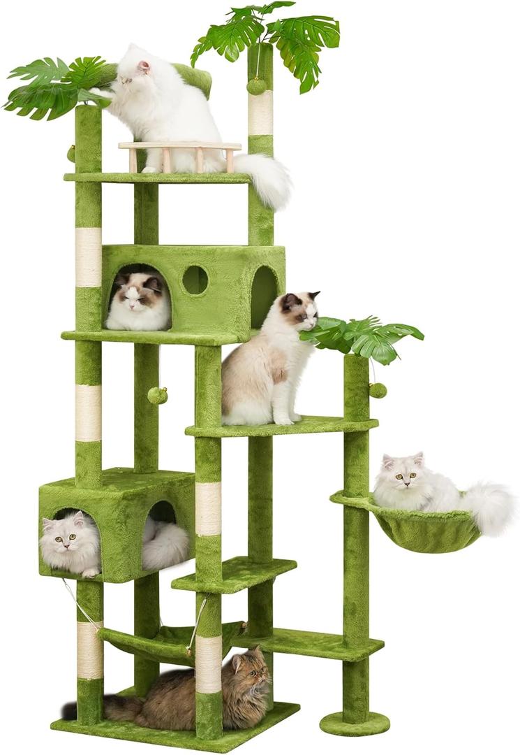 77in Cat Tree with Leaves for Indoor Cats Large Adult,Tall Cat Tower with Scratching Post, Large Cat Tree with Two Cat Condos, Soft Hammocks, Padded Perches for Heavy Duty Big Cats, Green