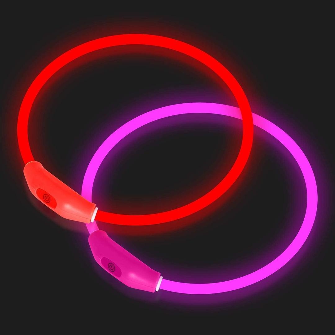 Novkin 2-Pack LED Dog Collar, Light Up Dog Collars,Rechargeable Dog Lights for Night WalkingUniversal, Reusable Safety Necklace for Small Medium Large Dogs RED&Pink