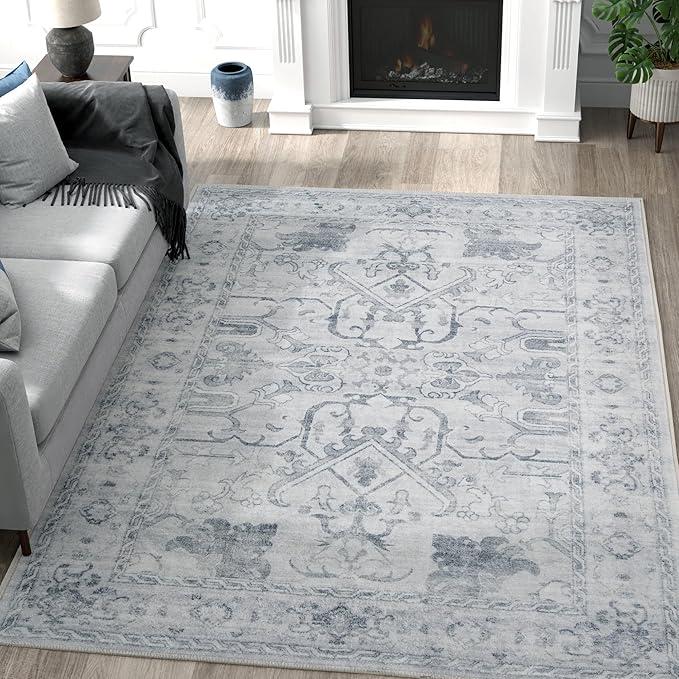 jinchan 6x9 Area Rugs Machine Washable Rug for Living Room - Stain Resistant Vintage Floral Medallion Ultra-Thin Low Pile Non-Slip Indoor Carpet for Bedroom Dining Room Kitchen
