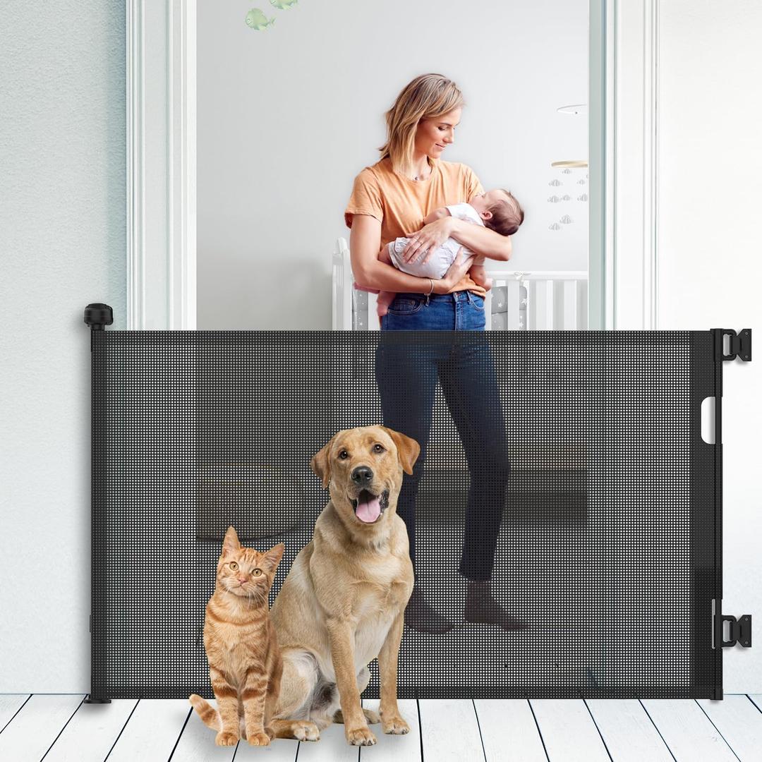 Upgraded Retractable Baby Gate for Stairs, 33"Tall Expands 55"Wide Ideal Safety Solution Dog Gate for Stairs Doorways Hallways Indoor/Outdoor Mesh Baby Gate Retractable Screen Door(Black, 86CMx140CM)