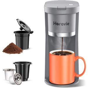 Horavie Small Single Serve Coffee Maker, Fast Brew One Cup Coffee Machine for K Cup and Grounds, 6 to 12 oz. Brew Sizes, Capsule Coffee Machine with Descaling Reminder and Viewing Tank, Grey