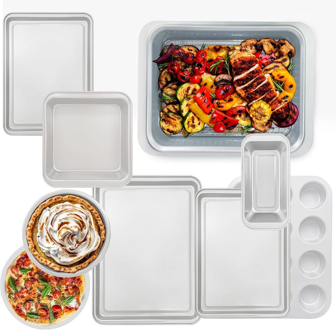 Nonstick Bakeware Set 10 Pcs, Professional Kitchen Bicolor Baking Pans Set with Cookie Sheets, Muffin Pan, Loaf Pan, Cake Pan and Cooling Rack, Dishwasher Safe, 0.8mm Thick Heavy Duty (White)