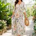 Plus Size Maxi Dress for Women V Neck Flowy Dresses with Pockets for Wedding Guest Church L