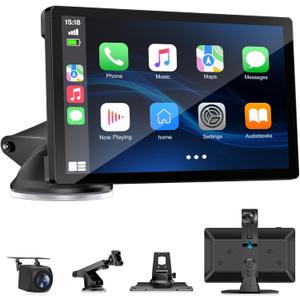 Wireless Carplay Screen for Car with 4K Dash Cam, 9" Portable Carplay & Android Auto, Car Touchscreen with 1080p Backup Camera, GPS/Voice Control/FM//Mirror Link/Bluetooth