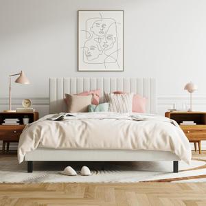 Full Size Upholstered Platform Bed Frame, Modern Beige Fabric Bed with Vertical Tufted Headboard, No Box Spring Needed, Sturdy Slat Support for Bedroom, Easy Assembly(Beige, Full)