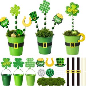 Cinrobiye 3Pcs St Patrick's Day Artificial Potted Plants, Lucky Shamrock Table Centerpiece Decor for Home Party Tiered Tray Shelf Decorations Irish Holiday