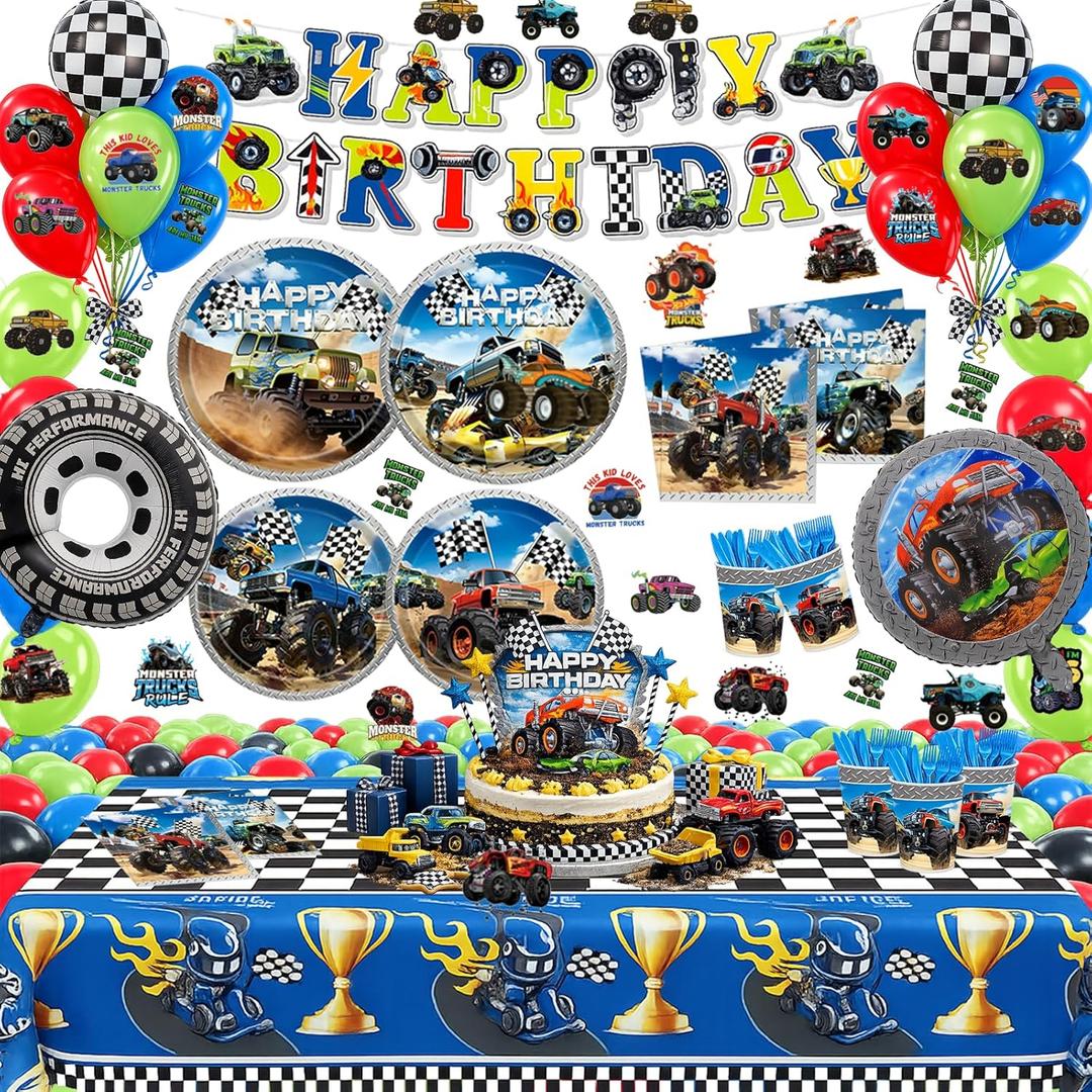 219pcs Truck Birthday Decorations, Monster Truck Party Decorations Set with Plates, Dessert Plates, Napkins, Cups, Forks, Knives, Balloons, Happy Birthday Banner, Tablecloth, and Stickers, Serves 24
