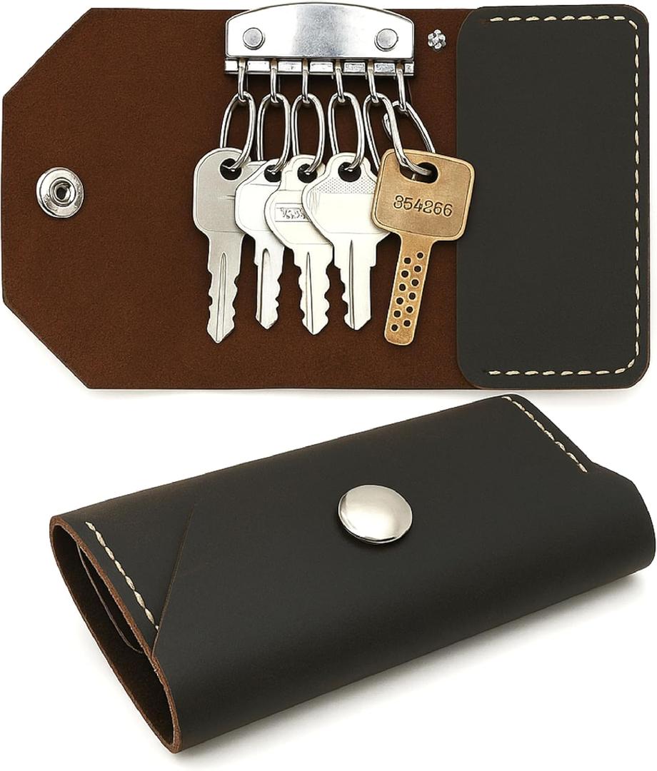 Genuine Leather Key Organizer Wallet  Compact Key Holder Case with 6 Hooks & Cash Pocket, Snap Closure Keychain with Carabiner for Car & Home Keys, Brown
