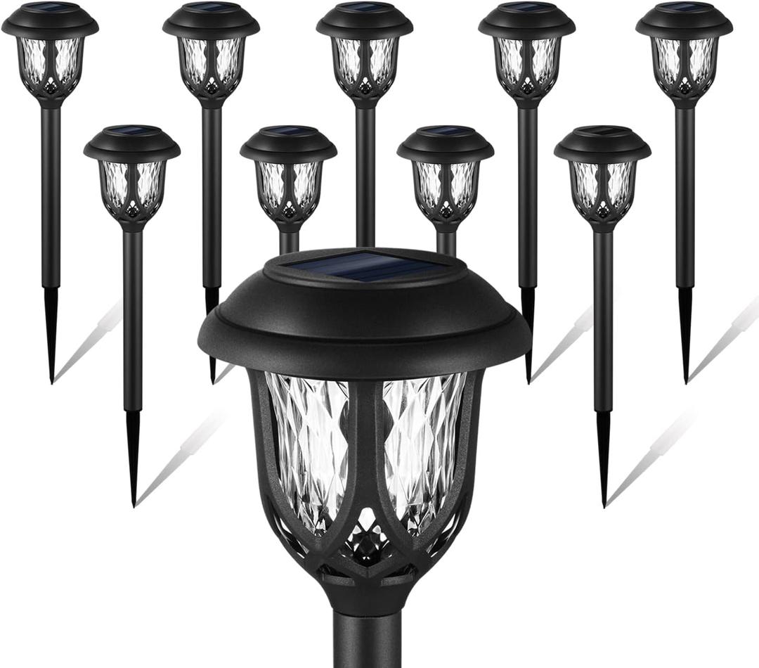 10 Pack Solar Lights Outdoor Decorative, Solar Pathway Lights Outdoor, Solar Powered Garden Yard Lights for Walkway Sidewalk Driveway. (Black, Cool White)