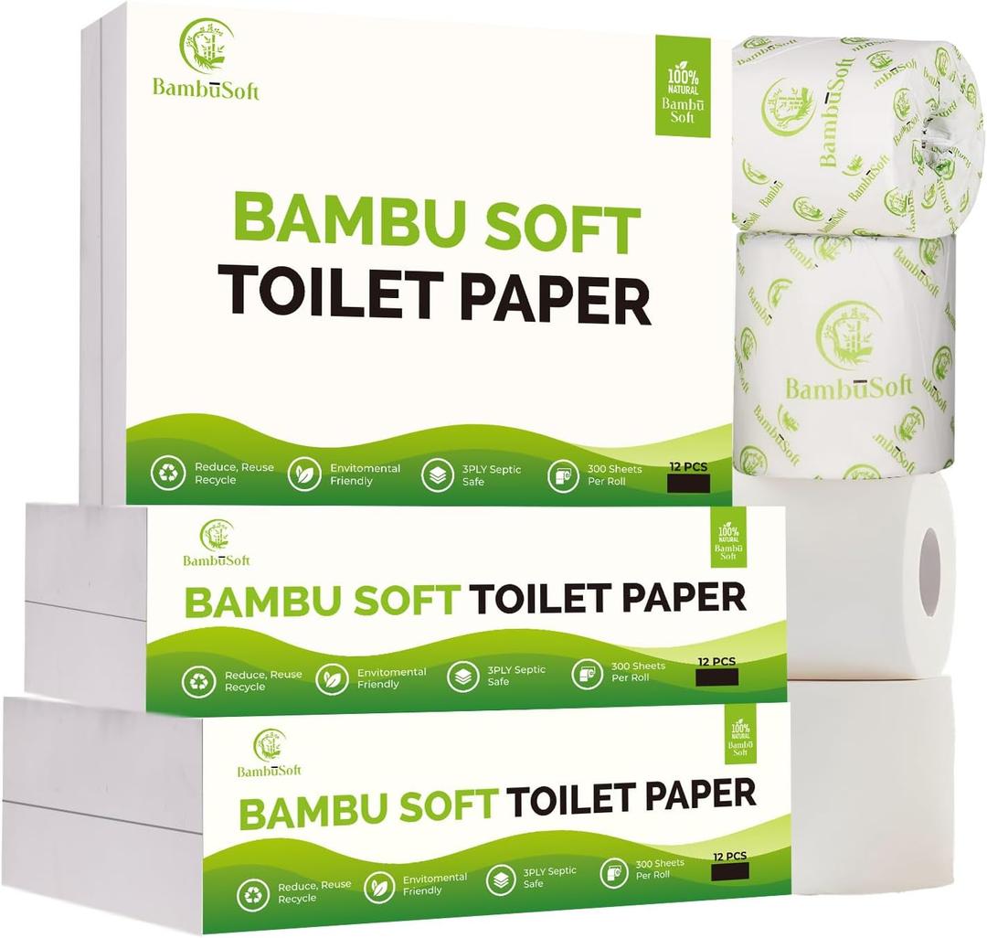Unbleached Bamboo Toilet Paper  12 Mega Rolls (300 Sheets Each)  3-Ply Ultra Soft, Strong & Septic-Safe Family Tissue. Eco-Friendly, Biodegradable Bathroom Rolls