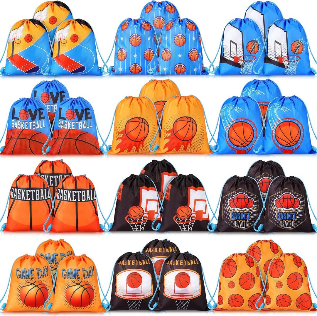Sanwuta 36 Pcs Basketball Party Favor Sports Drawstring Present Bags Basketball Goodie Small Ball Gift Bags Backpack for Kids Boys Girls Birthday Team Workout Gym