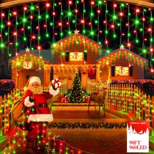 98FT 960 LED Christmas Lights , Waterproof 8 Modes Ice Lights for Outside with Memory and Timer Hanging Fairy Lights Plug-in Curtain String Lights for Holiday Party Wedding Home (Red and Green)