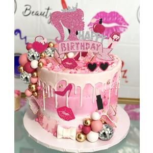 JeVenis Birthday Cake Decoration - Pink Girls Decoration with Balls, Palm Leaves, Heels, Lipstick Bags & Cake Topper for Birthday, Bridal & Baby Showers