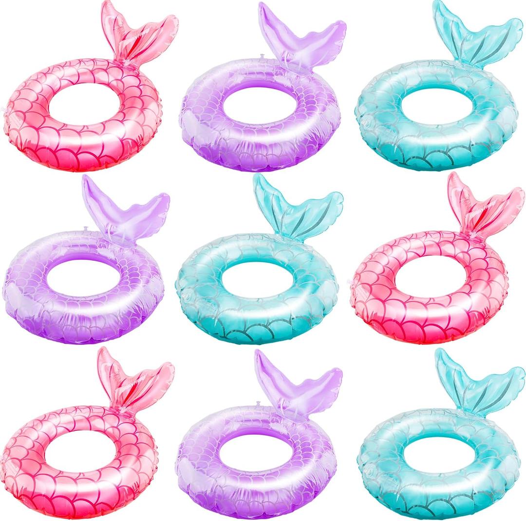 9 Pcs Mermaid Pool Float Inflatable Swimming Ring for Summer Outdoor Beach Pool Swimming Party Supplies, 3 Colors
