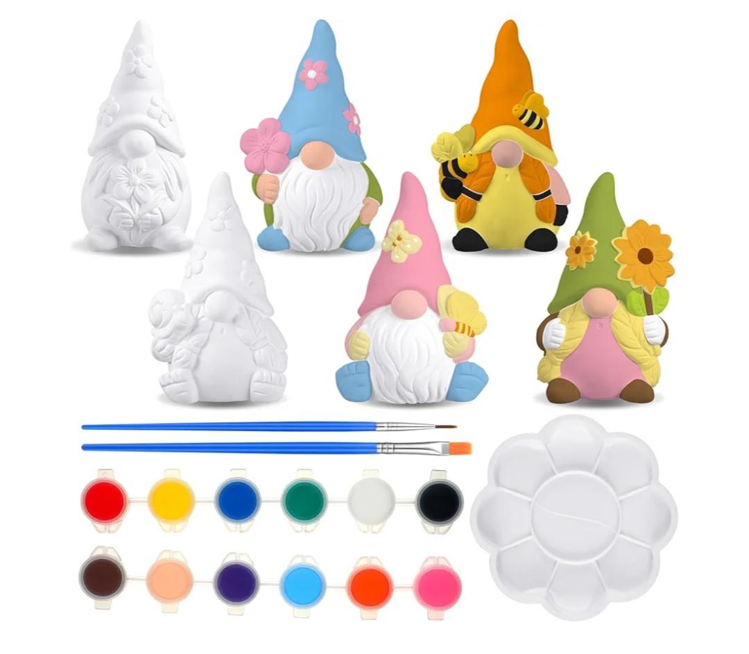 Poen 6 Sets Ready to Paint Your Own Ceramic Gnome Statues Spring DIY Unpainted Ceramics Gnome Figurines Kit Spring Crafts Gifts Drawing Figurines DIY Art and Craft with Brush Palette Paint for Adult