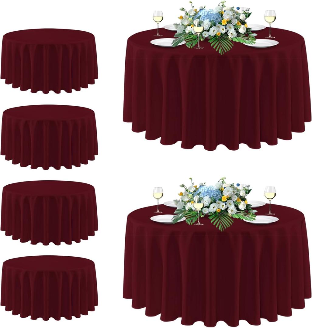 sancua Round Tablecloth 108 Inch Diameter, 6 Pack Burgundy - Circle Polyester Fabric Table Cloth for Chiristmas Party Reception Banquet Birthday, Washable Formal Table Cover (Fit 42-96 Inch Tables)