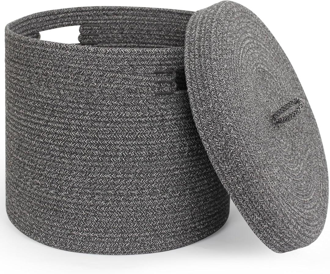 Storage Basket with Lid, Woven Blanket Storage for Living Room, Cute Cotton Rope Bin with Lid, Round Wicker Laundry Basket with Cover, Decorative Kid Dog Toy Box, Nursery Organizer, 15"x13" (Black)