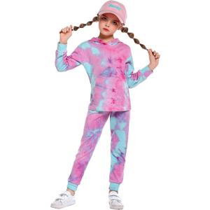 Arshiner Girl's 2 Piece Tie-dye Pullover Hooded Sweatshirt Set Sweatsuits and Sweatpants (Pink)