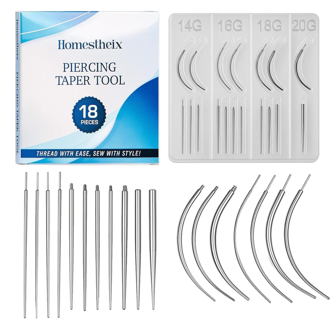 Piercing Taper Tool 18Pcs - 14G, 16G, 18G, 20G, Straight, Curved Needles - Piercing Insertion Tool Set for Nose Studs, Lip Rings, Earring - Changing Tool for Piercings