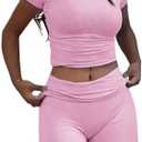 ZFLM Casual Workout Two Piece Outfits for Women Short Sleeve Crop High Waist Foldover Shorts Tracksuit Sets Streetwear (Small)