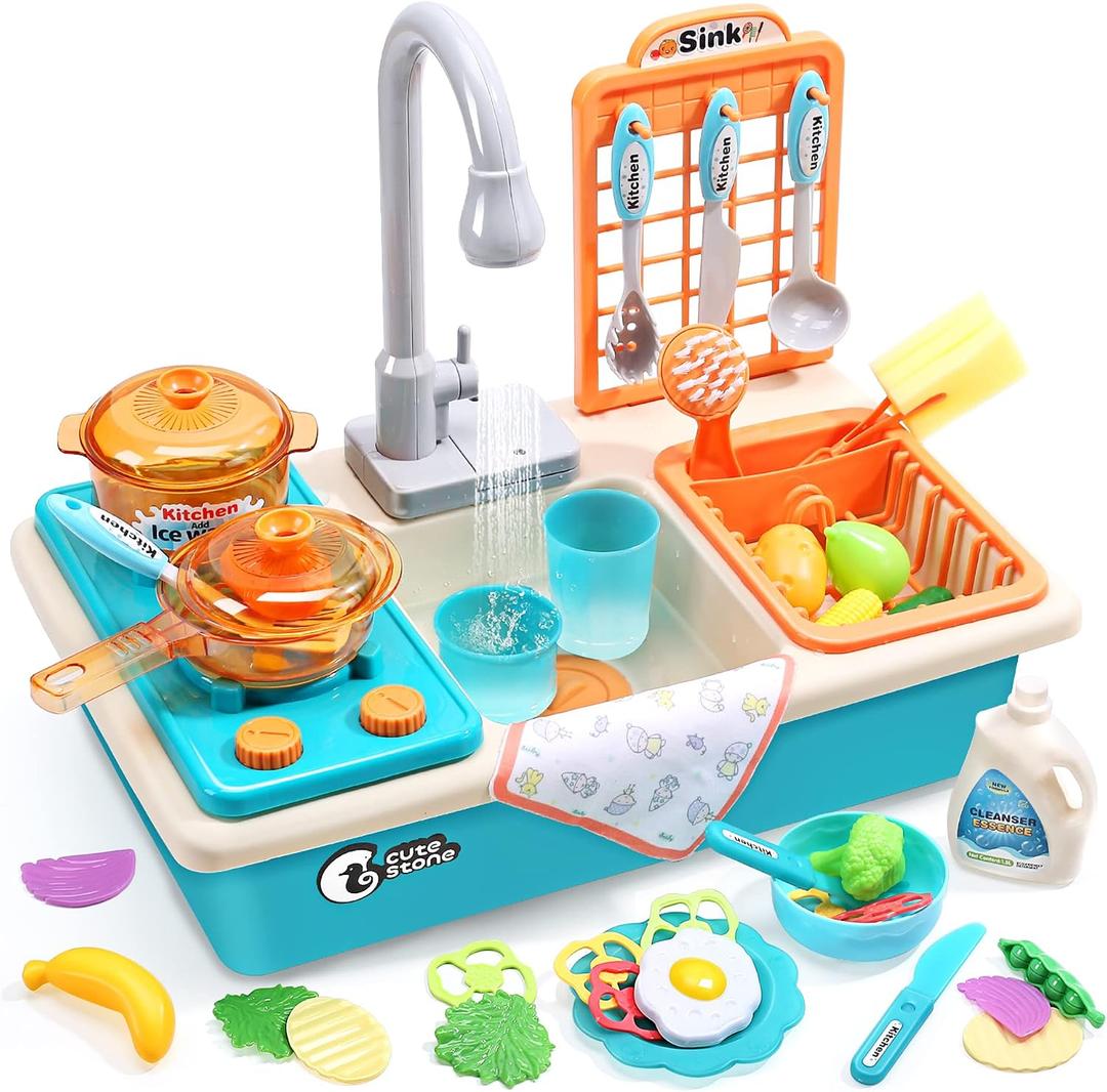 CUTE STONE Play Kitchen Sink Toys with Upgraded Real Faucet, 17.3 inches x 9.8 inches x 4.7 inches