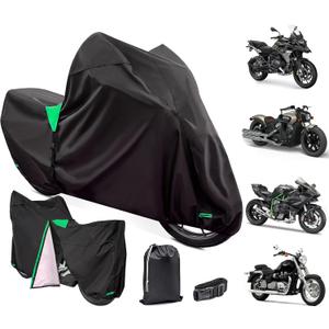 XYZCTEM Premium Motorcycle Cover Waterproof All Weather Weatherproof UV Sun Protection Snow Dust Storm High Heat Resistant Durable Lock-Holes & Side Zip & Storage Bag Fits up to 87" Motors (Black/Green)