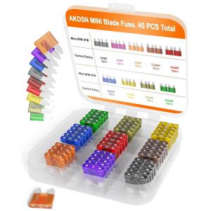 Mini (Dual Blade) / APM, ATM/Car Fuse Assortment Kit, 45 Pieces, Automotive Blade Fuse, 9 Current Ratings - 2A/ 3A/ 5A/ 7.5A/ 10A/ 15A/ 20A/ 25A/ 30 amp
