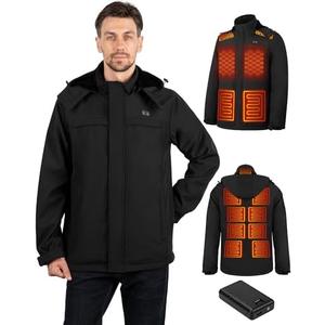 Vinderfine Heated Jackets for Men, Windproof Waterproof Winter Heating Coat, Mens Soft Shell Heated Jacket, Detachable Hood 2XL